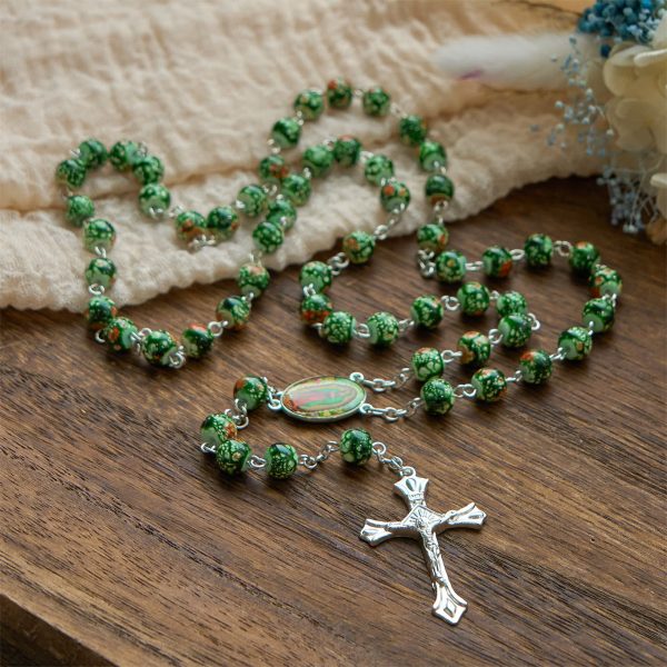Our Lady Medal & Crucifix of 8mm Green Glass Beads Rosary—Blessed Symbol of Faith