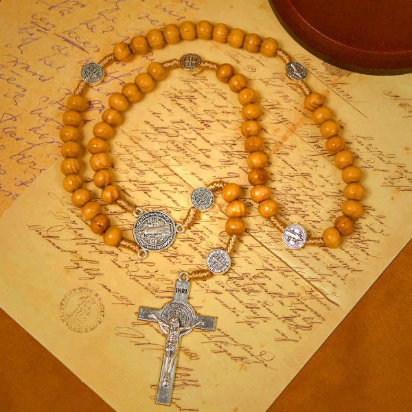 St. Benedict & Crucifix of 8mm Olive Wood Round Beads Rosary: Blessed Devotion in Every Bead