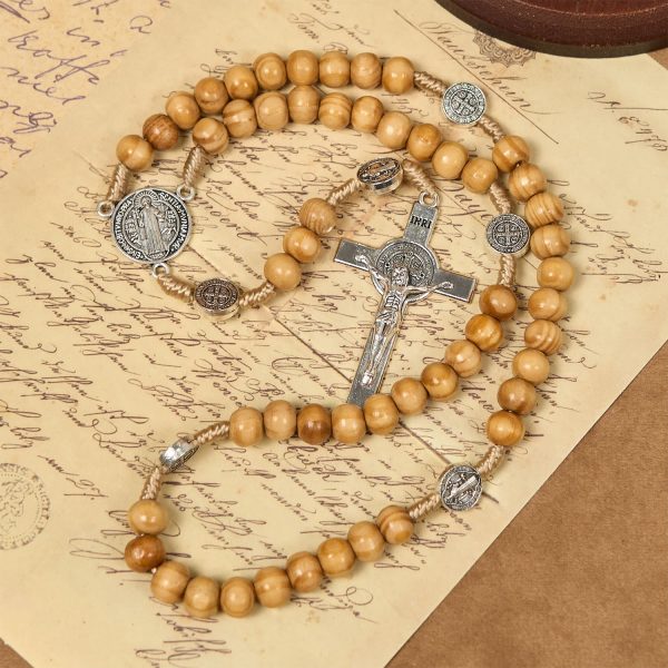 St. Benedict & Crucifix of 8mm Olive Wood Round Beads Rosary: Blessed Devotion in Every Bead
