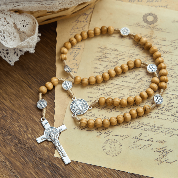 St. Benedict & Crucifix of 8mm Olive Wood Round Beads Rosary: Blessed Devotion in Every Bead