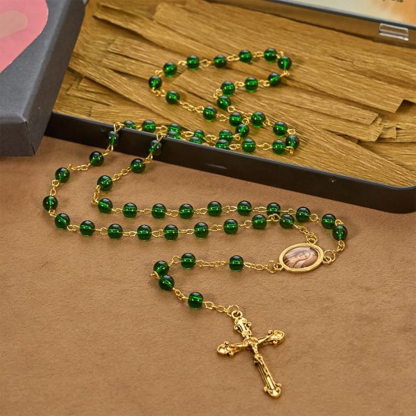 Christianartworkshop Vintage Green Glass Bead Rosary with Virgin Mary and Crucifix: Faith - Filled Heirloom
