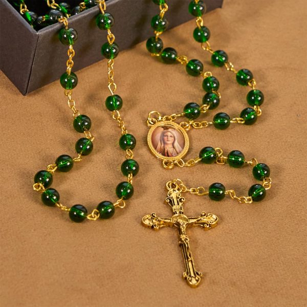 Christianartworkshop Vintage Green Glass Bead Rosary with Virgin Mary and Crucifix: Faith - Filled Heirloom