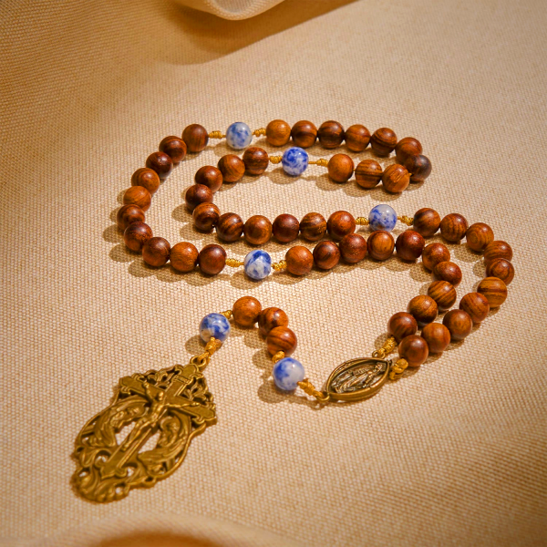 Virgin Mary & Crucifix of Wooden and Ceramics Beads Blessed Devotion Rosary