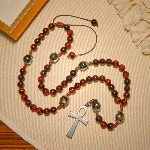 Wooden Beads Rosary & Necklace 2-in-1 with Ankh Cross: Adjustable Design, Endless Devotion