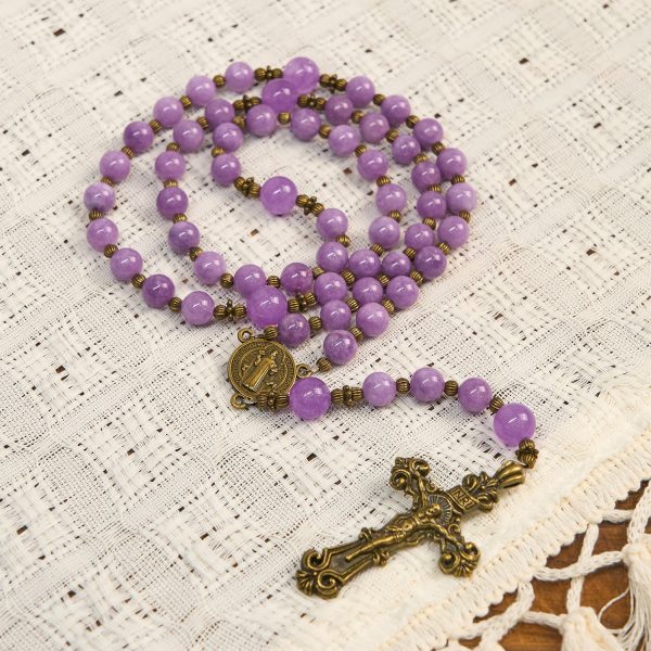 Thanksgiving Gift: Purple Garnet Chalcedony Rosary with Crucifix & St. Benedict: Graceful Spiritual Bond