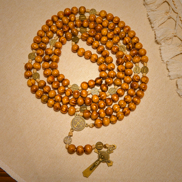 15/20 Decade Olive Wood Rosary with St. Benedict, Crucifix & Waist Chain Design—Divine Devotion in Dual Use