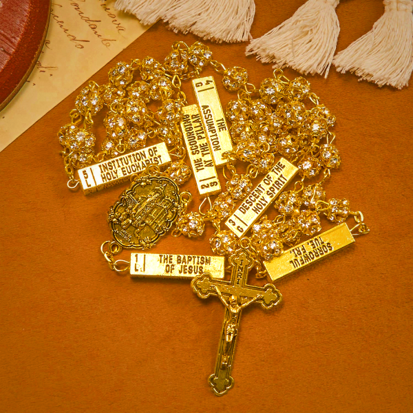 Our Lady of Fátima & Crucifix of 8 mm Round Golden Metal Gems Alloy Chain Rosary