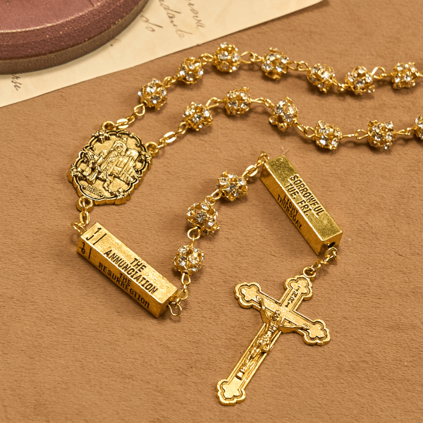 Christianartworkshop Our Lady of Fátima & Crucifix of 8 mm Round Golden Metal Gems Alloy Chain Rosary