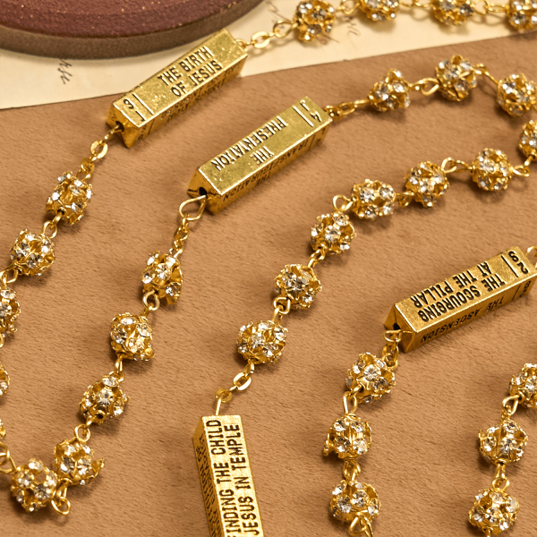 Christianartworkshop Our Lady of Fátima & Crucifix of 8 mm Round Golden Metal Gems Alloy Chain Rosary