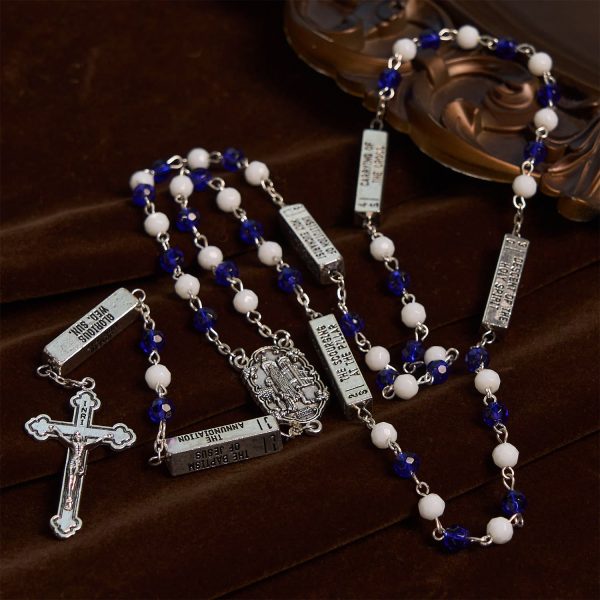 Blue & White Glass Beads Crucifix Jesus Rosary