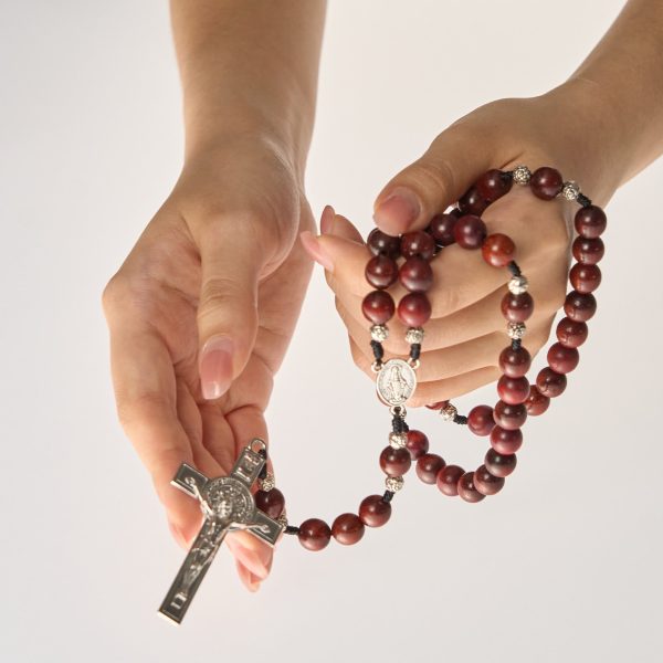 Christianartworkshop Red Wood and Rose Beads Rosary with Miraculous Medal: Embrace Divine Grace and Protection