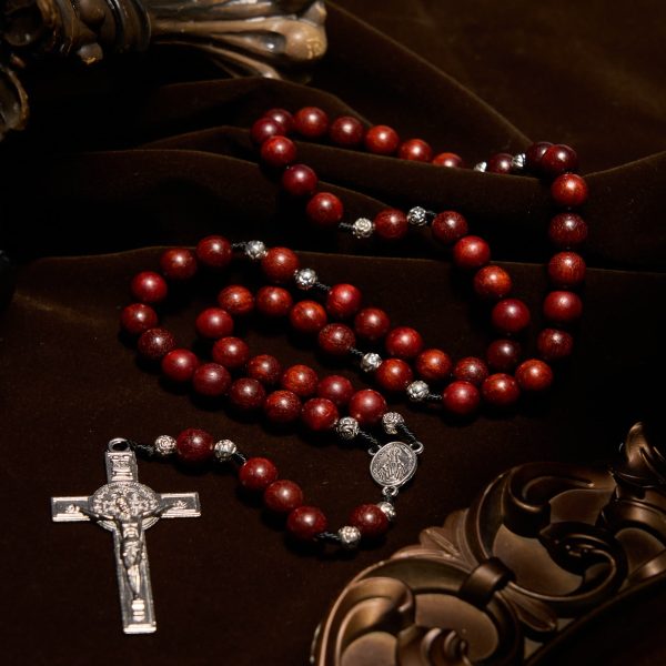 Christianartworkshop Red Wood and Rose Beads Rosary with Miraculous Medal: Embrace Divine Grace and Protection