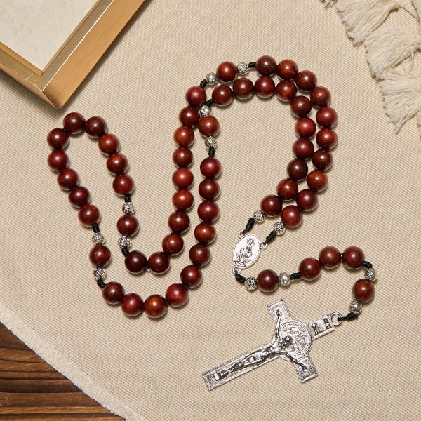 Christianartworkshop Red Wood and Rose Beads Rosary with Miraculous Medal: Embrace Divine Grace and Protection