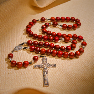Red Wood and Rose Beads Rosary with Miraculous Medal: Embrace Divine Grace and Protection