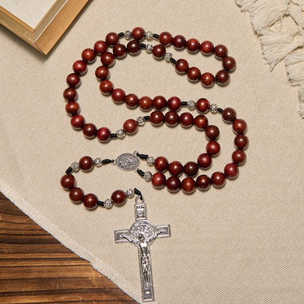 Christianartworkshop Red Wood and Rose Beads Rosary with Miraculous Medal: Embrace Divine Grace and Protection