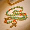 Handcrafted Green Ceramic Rosary with Miraculous Medal and Amber Beads: Feel Graceful Faith