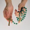 Christianartworkshop Green Shiny Beads & Flower Rose Rosary with Bronze Virgin Mary Medal & Crucifix