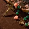 Christianartworkshop Green Shiny Beads & Flower Rose Rosary with Bronze Virgin Mary Medal & Crucifix