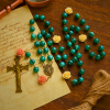 Green Shiny Beads & Flower Rose Rosary with Bronze Virgin Mary Medal & Crucifix