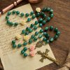 Christianartworkshop Green Shiny Beads & Flower Rose Rosary with Bronze Virgin Mary Medal & Crucifix