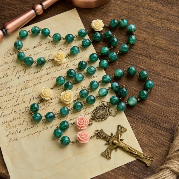 Christianartworkshop Green Shiny Beads & Flower Rose Rosary with Bronze Virgin Mary Medal & Crucifix