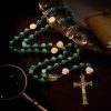 Christianartworkshop Green Shiny Beads & Flower Rose Rosary with Bronze Virgin Mary Medal & Crucifix