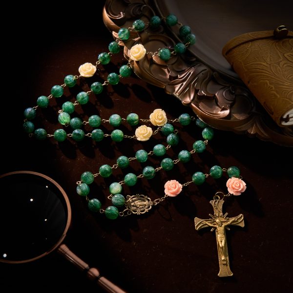 Christianartworkshop Green Shiny Beads & Flower Rose Rosary with Bronze Virgin Mary Medal & Crucifix