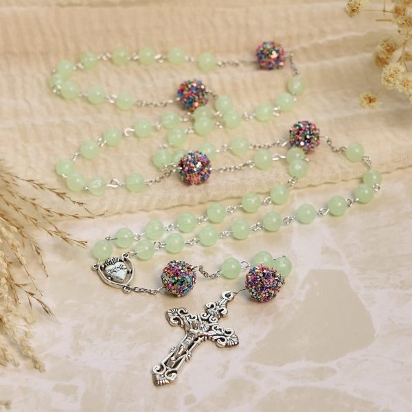 Luminous Light Green Beads and Multicolor Rhinestone Rosary with Metal Sacred Heart & Crucifix