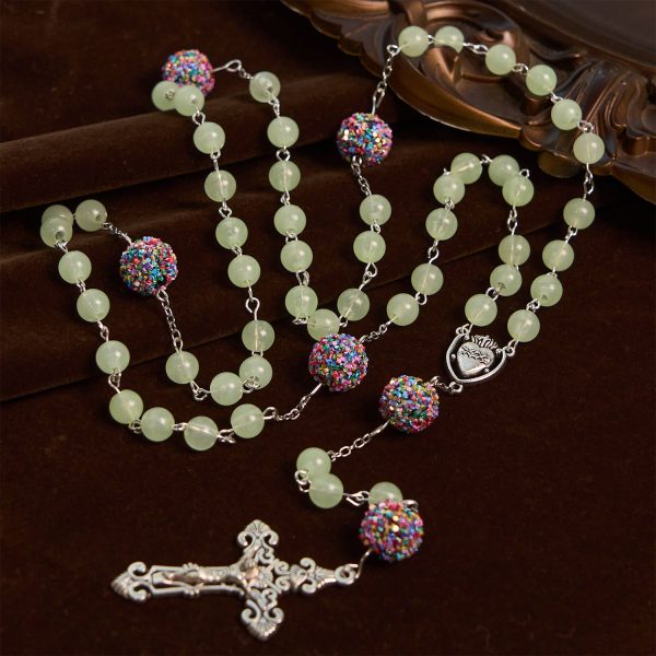 Luminous Light Green Beads and Multicolor Rhinestone Rosary with Metal Sacred Heart & Crucifix