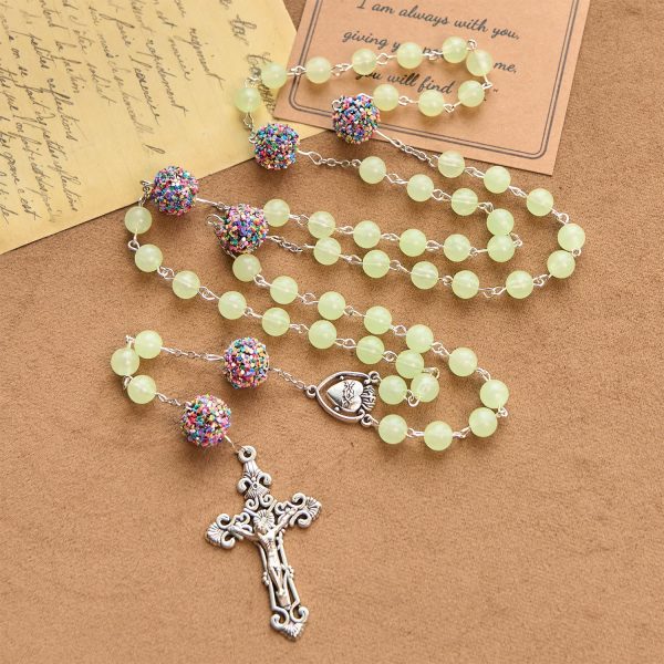 Luminous Light Green Beads and Multicolor Rhinestone Rosary with Metal Sacred Heart & Crucifix