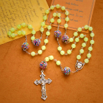 Luminous Light Green Beads and Multicolor Rhinestone Rosary with Metal Sacred Heart & Crucifix