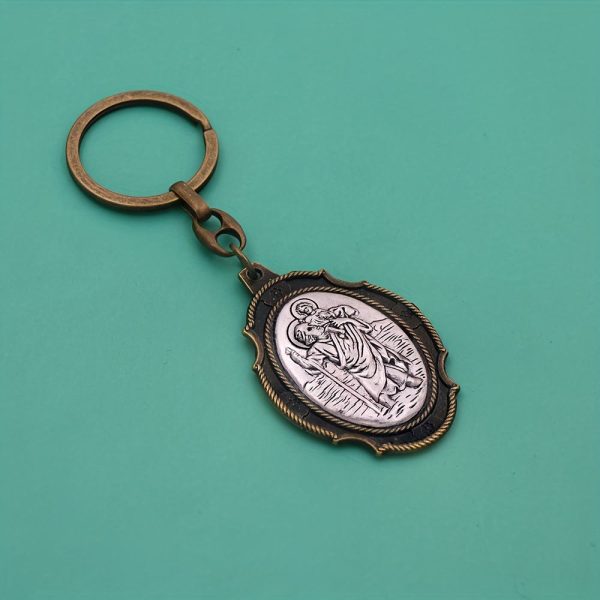 Intricately Carved Multicolor St. Christopher Keychain: Based Companion for Safe Travels
