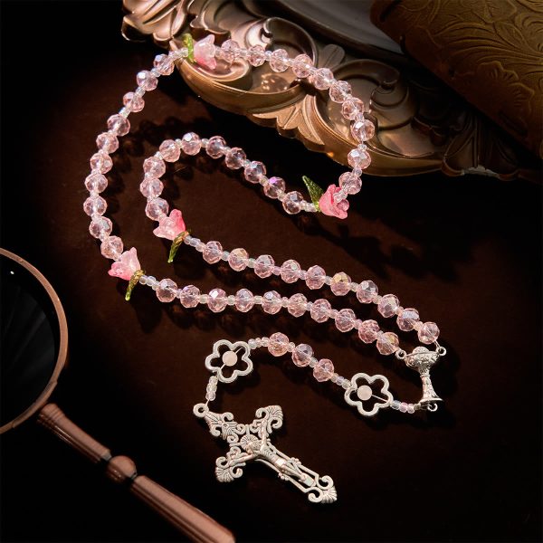Elegant Pink Crystal Rosary with 3D Rose Beads, Silver Chalice Medal & Crucifix: Embrace Divine Grace