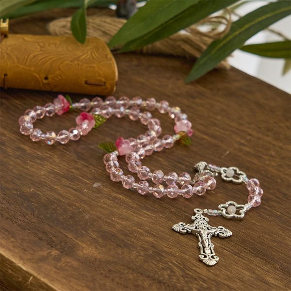 Elegant Pink Crystal Rosary with 3D Rose Beads, Silver Chalice Medal & Crucifix: Embrace Divine Grace