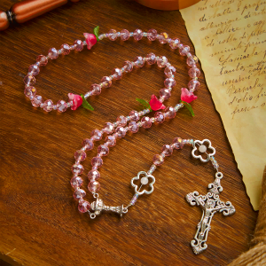 Elegant Pink Crystal Rosary with 3D Rose Beads, Silver Chalice Medal & Crucifix: Embrace Divine Grace