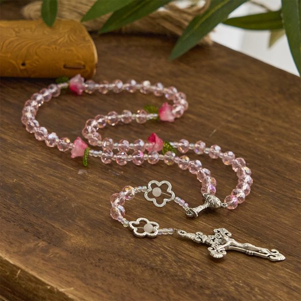 Elegant Pink Crystal Rosary with 3D Rose Beads, Silver Chalice Medal & Crucifix: Embrace Divine Grace
