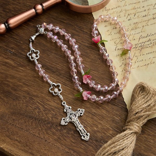 Elegant Pink Crystal Rosary with 3D Rose Beads, Silver Chalice Medal & Crucifix: Embrace Divine Grace