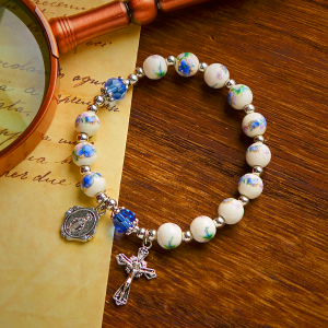 Multi-color Floral Ceramic Stretch Bracelet with Miraculous Medal & Crucifix: Subtle Faith Elegance