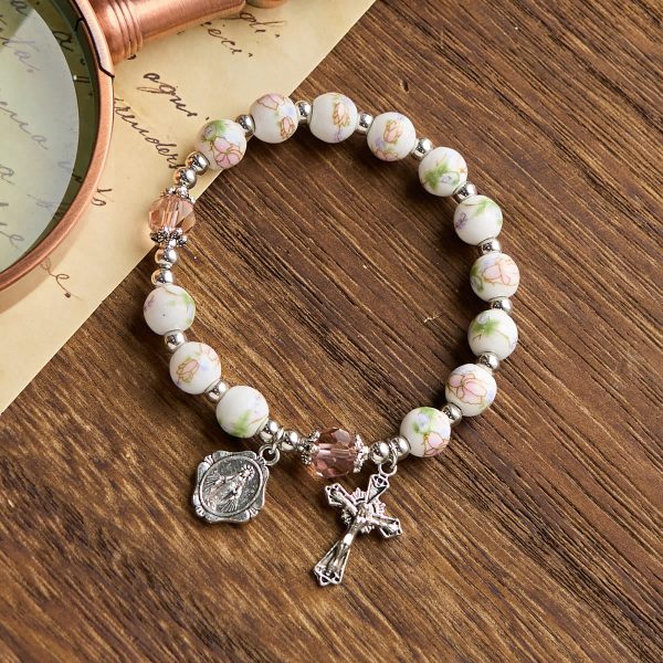 Christianartworkshop Multi-color Floral Ceramic Stretch Bracelet with Miraculous Medal & Crucifix: Subtle Faith Elegance