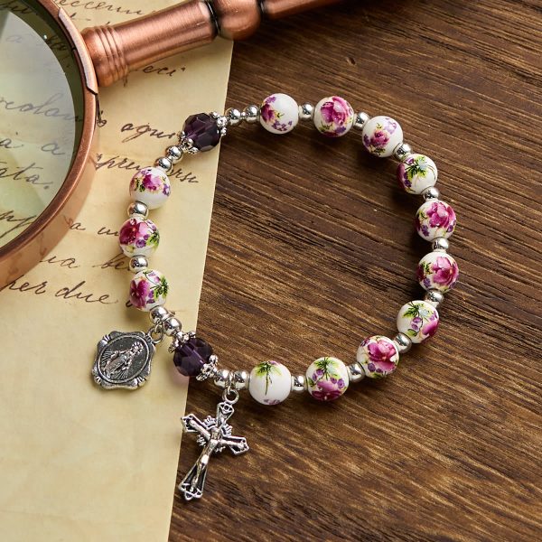 Christianartworkshop Multi-color Floral Ceramic Stretch Bracelet with Miraculous Medal & Crucifix: Subtle Faith Elegance