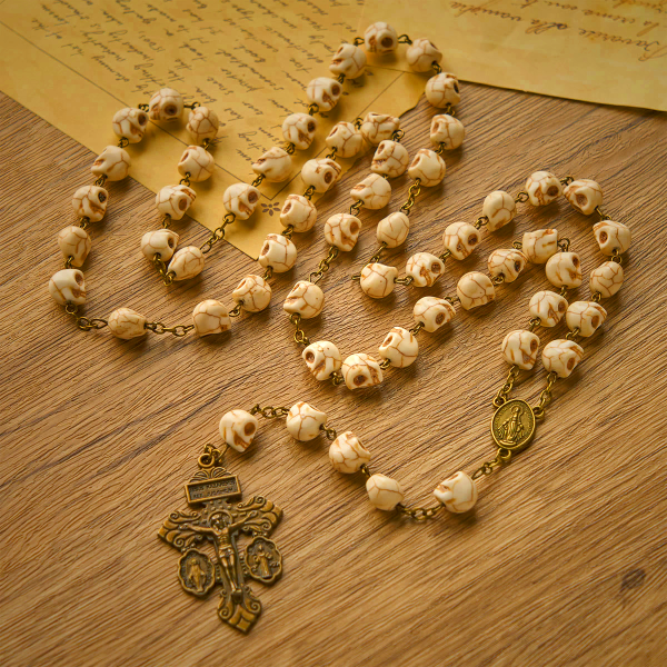 Saint Benedict & Crucifix of 8 mm White Pine Skull Alloy Chain Rosary Necklace