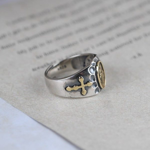 925 Sterling Silver Retro Style Virgin Mary Blessing Badge Religious Ring