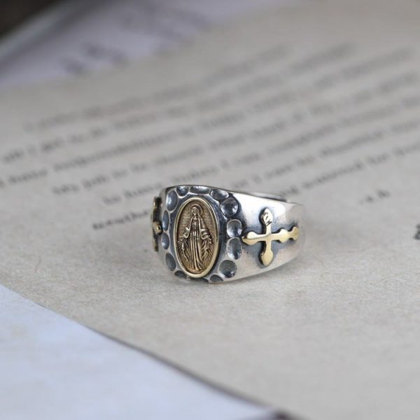 925 Sterling Silver Retro Style Virgin Mary Blessing Badge Religious Ring