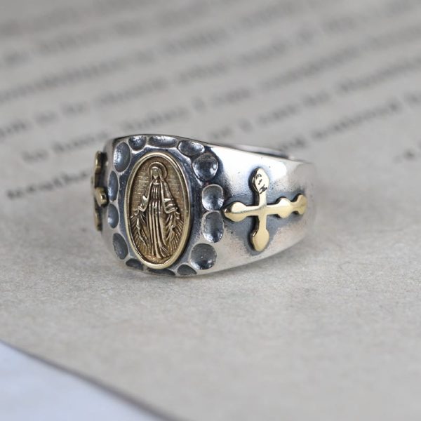 925 Sterling Silver Retro Style Virgin Mary Blessing Badge Religious Ring