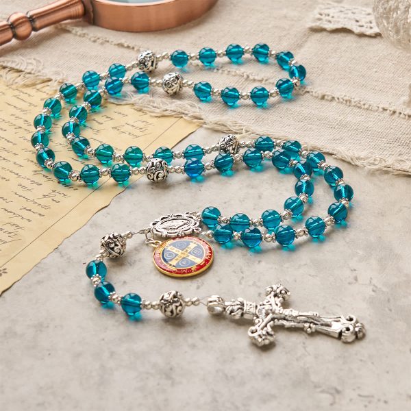 Handmade Crucifix Clear Blue Glass Rosary with Enameled St. Benedict & Miraculous Medal