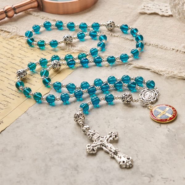 Handmade Crucifix Clear Blue Glass Rosary with Enameled St. Benedict & Miraculous Medal