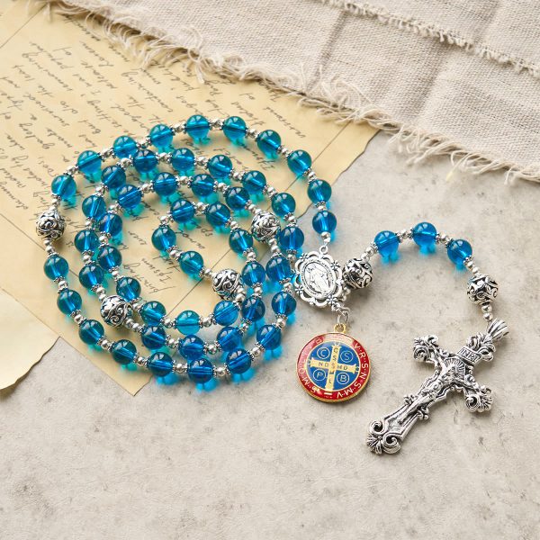 PRAYERFUL FAITH: Handmade Crucifix Clear Blue Glass Rosary with Gift Card