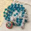 Handmade Crucifix Clear Blue Glass Rosary with Enameled St. Benedict & Miraculous Medal