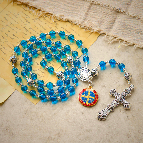 Handmade Crucifix Clear Blue Glass Rosary with Enameled St. Benedict & Miraculous Medal