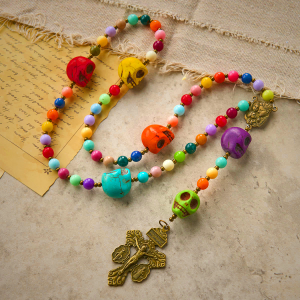 Bohemian Style Multicolored Skull Beads Rosary with Bronze Pardon Crucifix & Holy Family